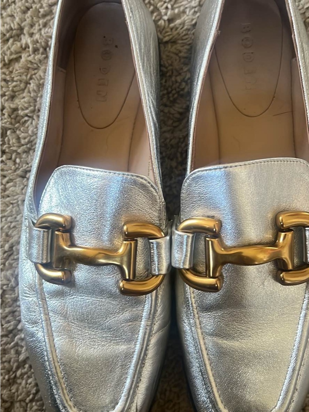 Boden Snaffle Metallic Silver Loafers with Gold Horsebit